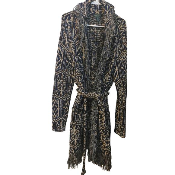 Lauren Ralph Lauren Belted Sweater Cardigan Geometric Aztec Large Fringe